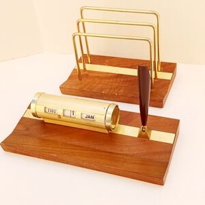 Park Sherman Mid-century Vintage Desk 2 Piece Calendar Pen Letter Walnut Brass